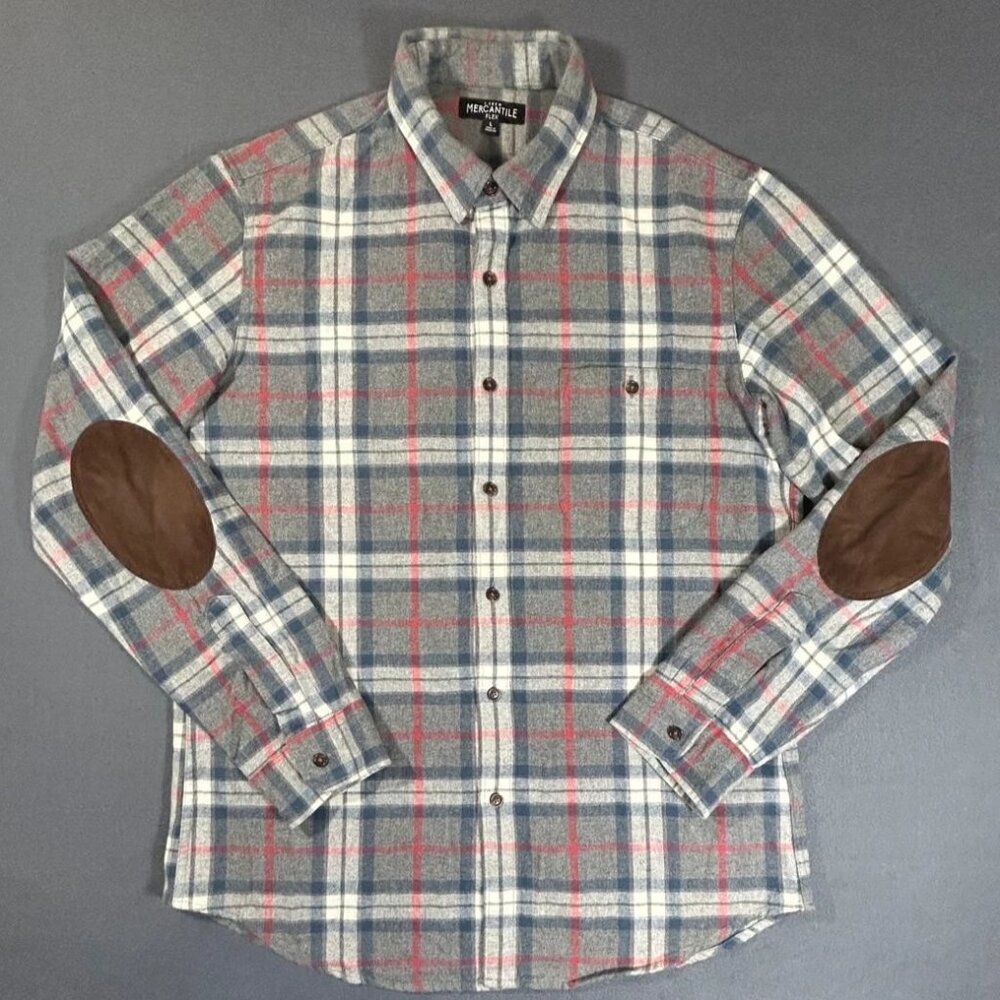 J Crew Flannel Shirt Men's Gray Plaid Suede Elbow Patches Button Up Size L